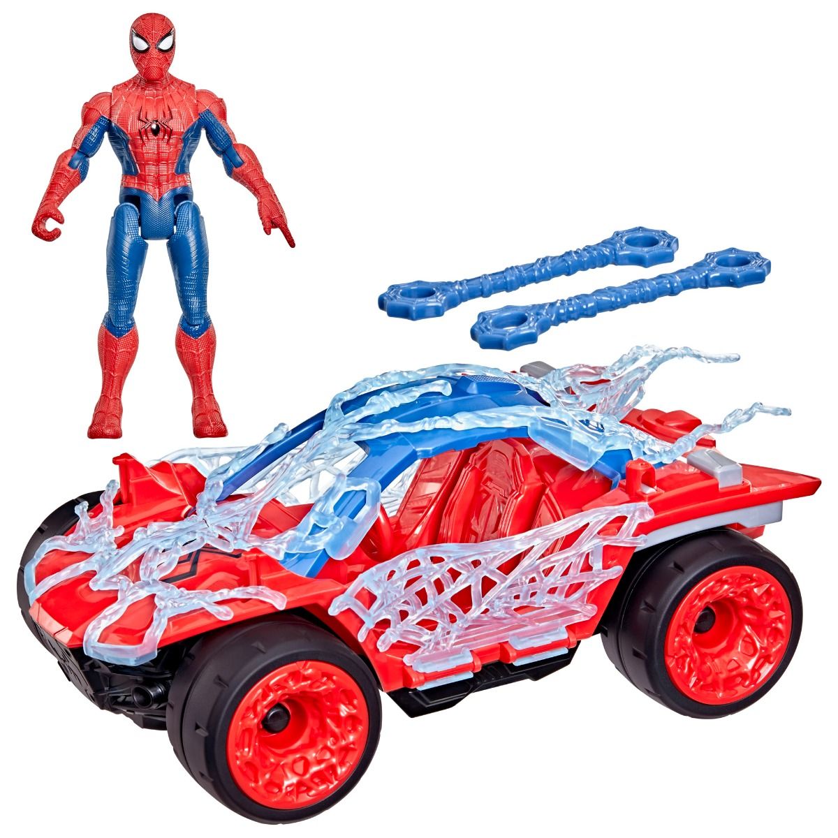 Figura de Spider-Man junto al buggy rojo con telarañas azules y dos proyectiles