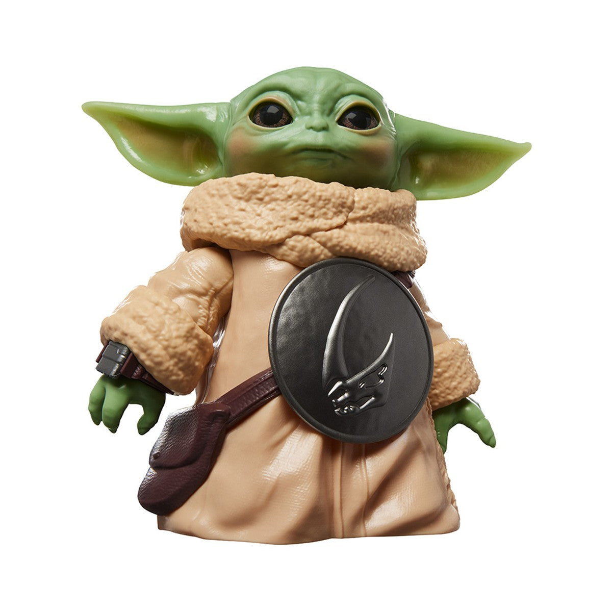 Figura de Grogu con túnica beige y bolso cruzado vista de frente