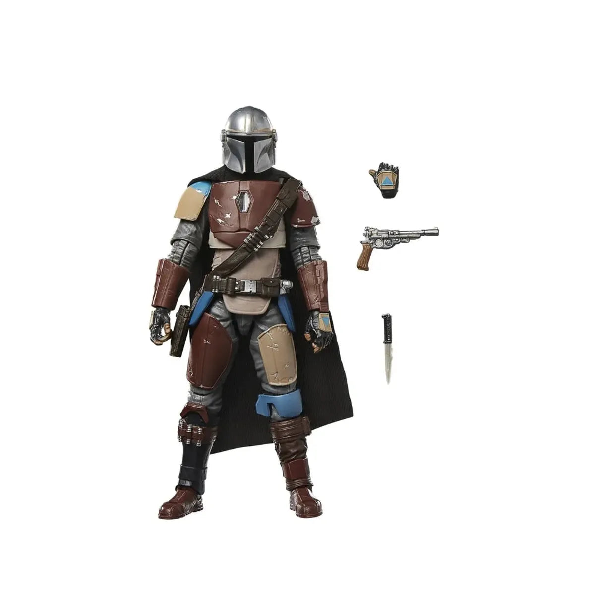Figura The Mandalorian Pagodon junto a sus accesorios: pistola blaster y cuchillo