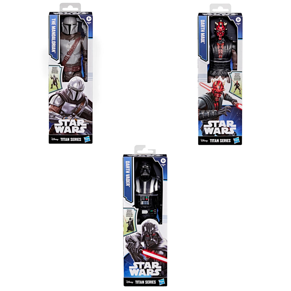 Surtido Star Wars Titan Series en caja: The Mandalorian, Darth Maul y Darth Vader