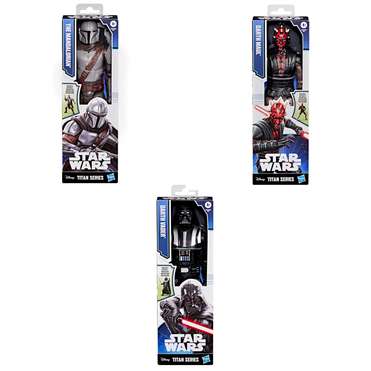 Surtido Star Wars Titan Series en caja: The Mandalorian, Darth Maul y Darth Vader