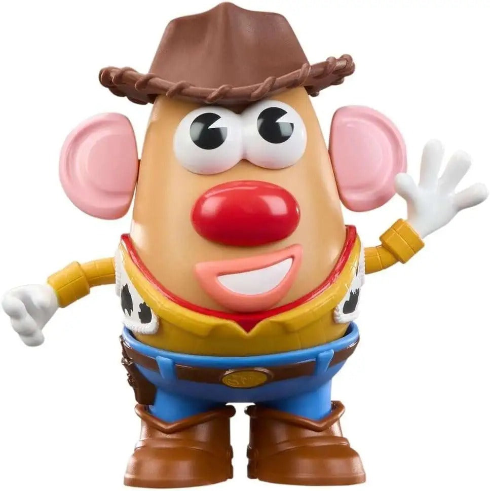 Woody Tater armado con sombrero vaquero, chaleco de vaca, jeans y botas