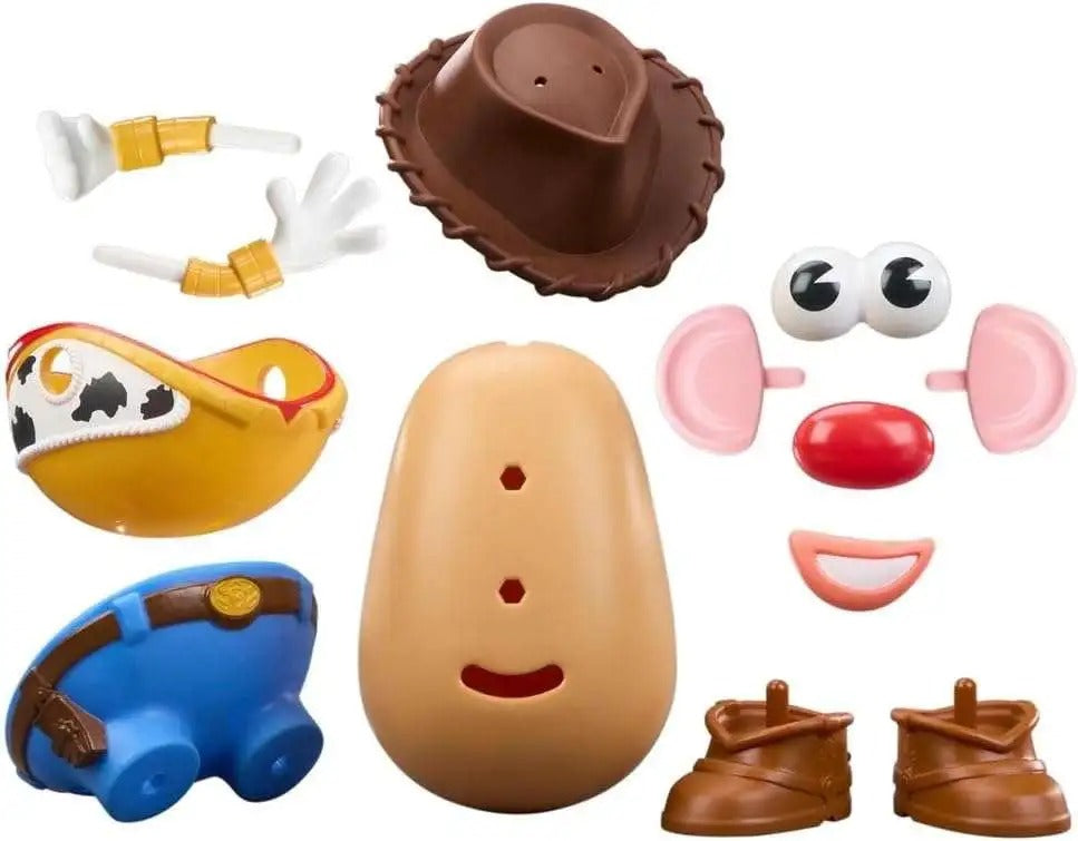 Las 13 piezas del Potato Head Woody: papa, sombrero, brazos, ojos, nariz, boca y botas