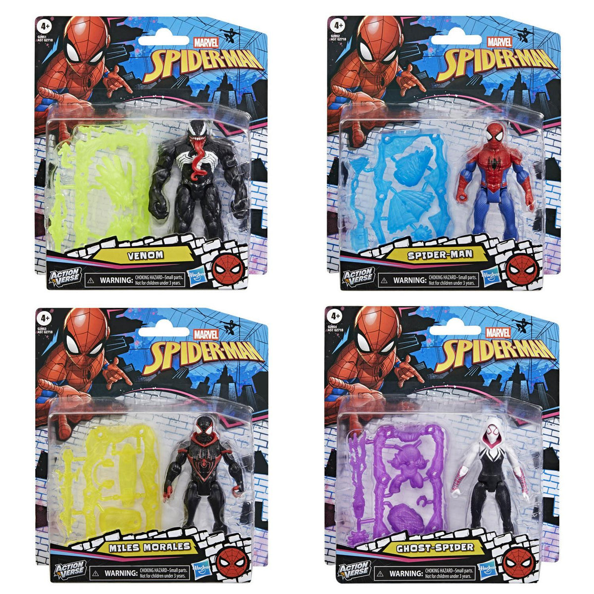 Surtido figuras Spider-Man ActionVerse en blíster: Venom, Spider-Man, Miles Morales y Ghost-Spider