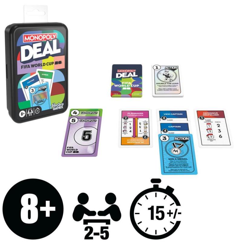 Cartas de jugadores y de acción de Monopoly Deal FIFA junto al estuche, para 2 a 5 jugadores desde 8 años