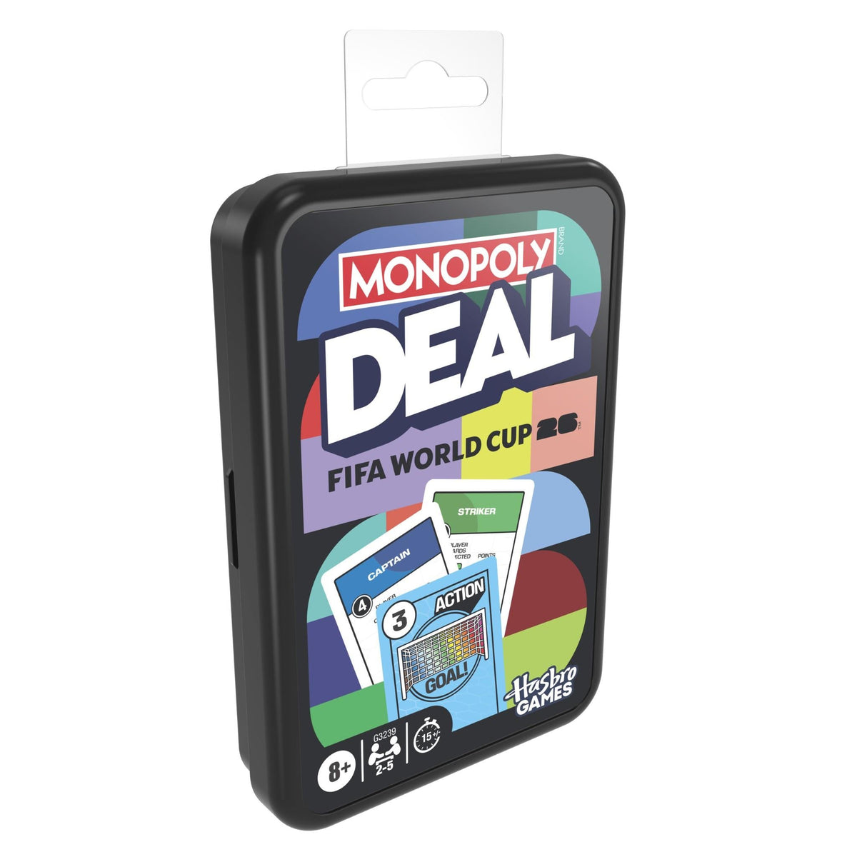 Estuche Monopoly Deal FIFA World Cup 26 visto en ángulo
