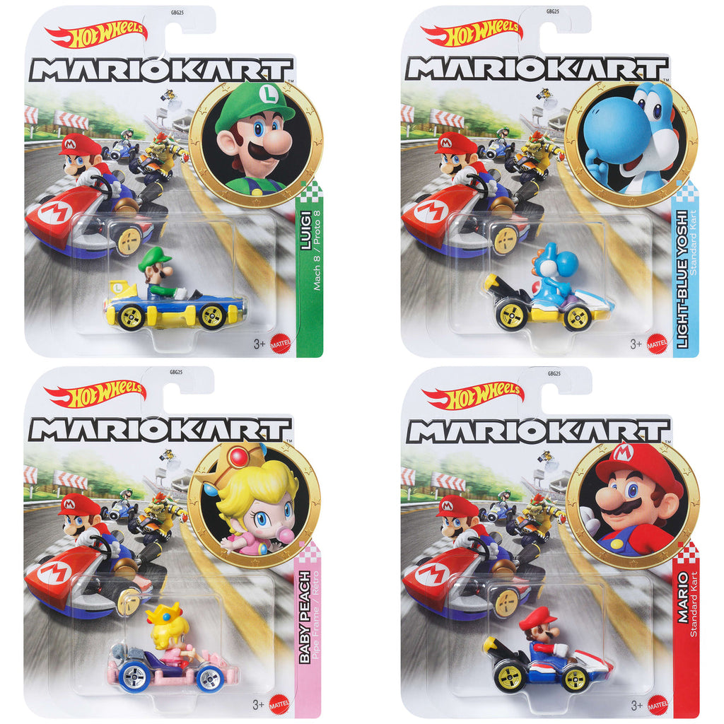 Empaques Hot Wheels Mario Kart de Luigi, Yoshi celeste, Baby Peach y Mario
