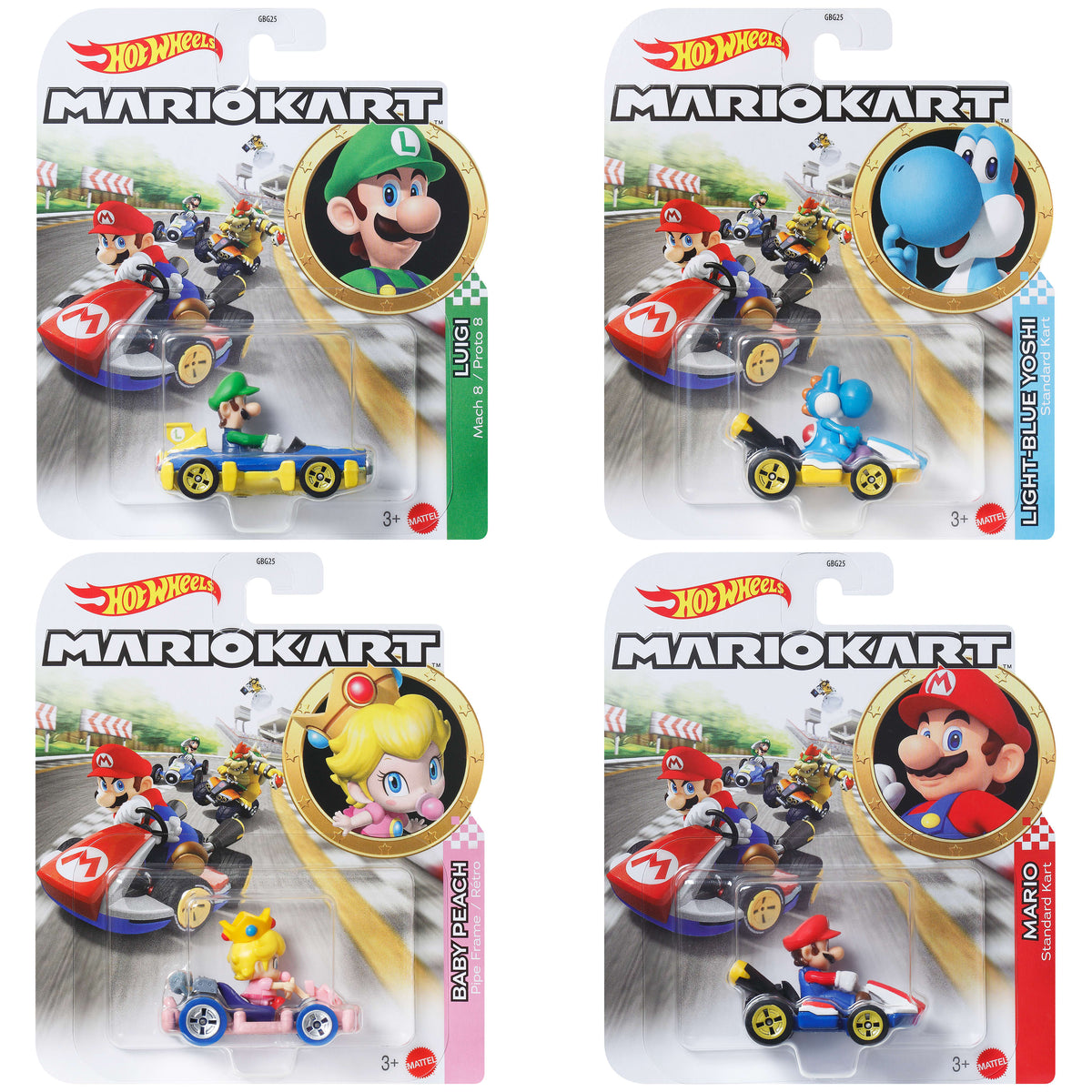 Empaques Hot Wheels Mario Kart de Luigi, Yoshi celeste, Baby Peach y Mario