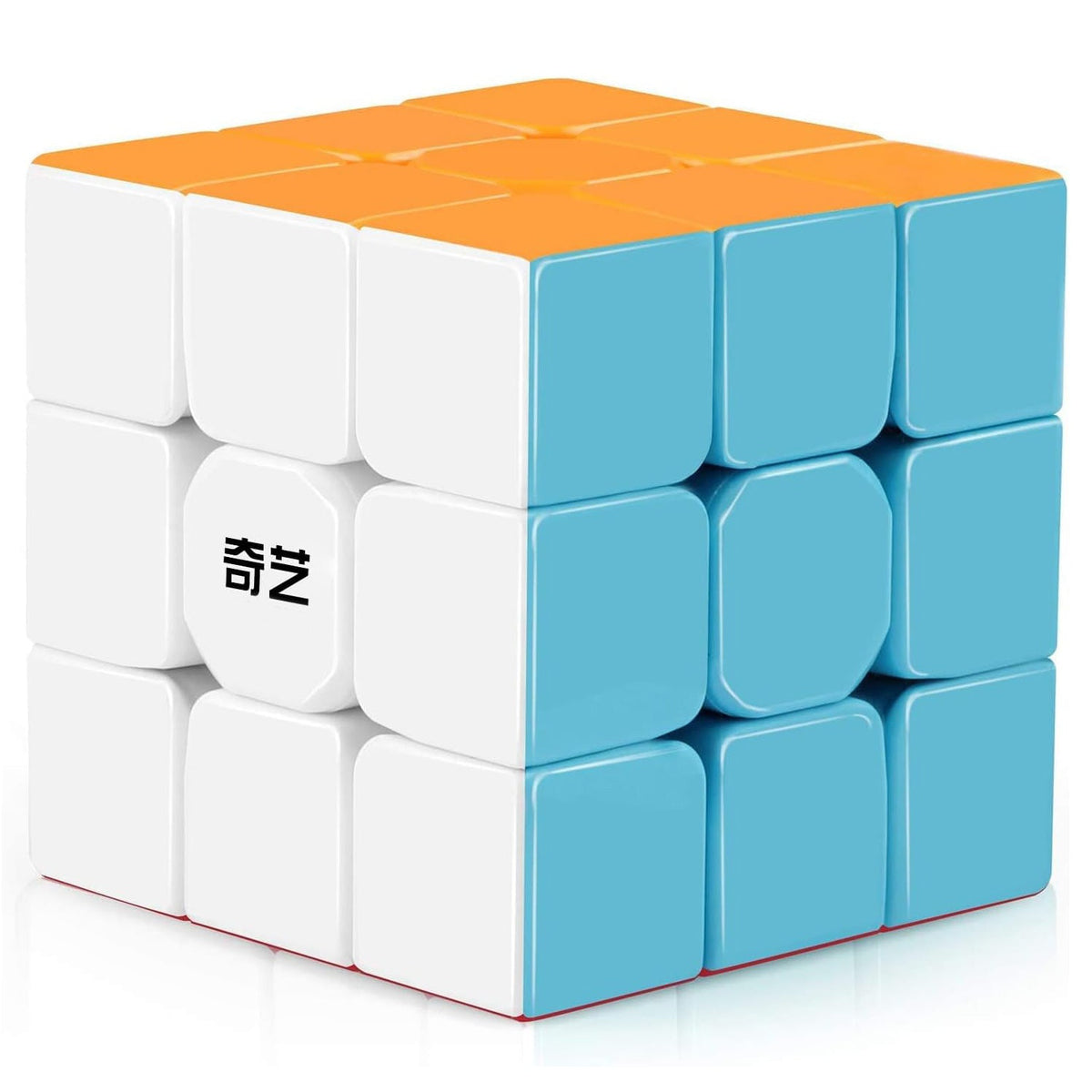 Cubo mágico QiYi Warrior S 3x3 stickerless de colores pastel con logo QiYi en la cara blanca