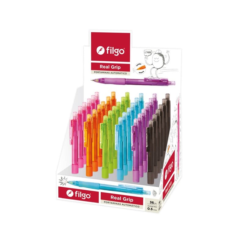Display de portaminas Filgo Real Grip 0,5 mm en colores rosado, naranjo, verde, celeste, morado y negro