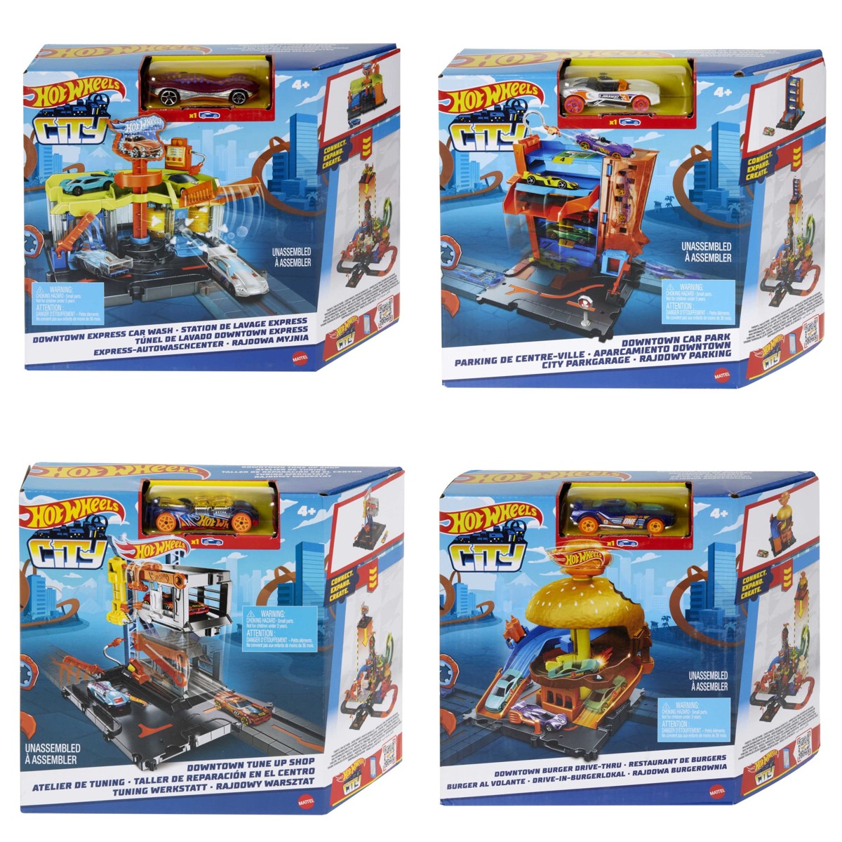 Los 4 empaques del surtido Hot Wheels City Downtown: autolavado, estacionamiento, taller y burger drive-thru