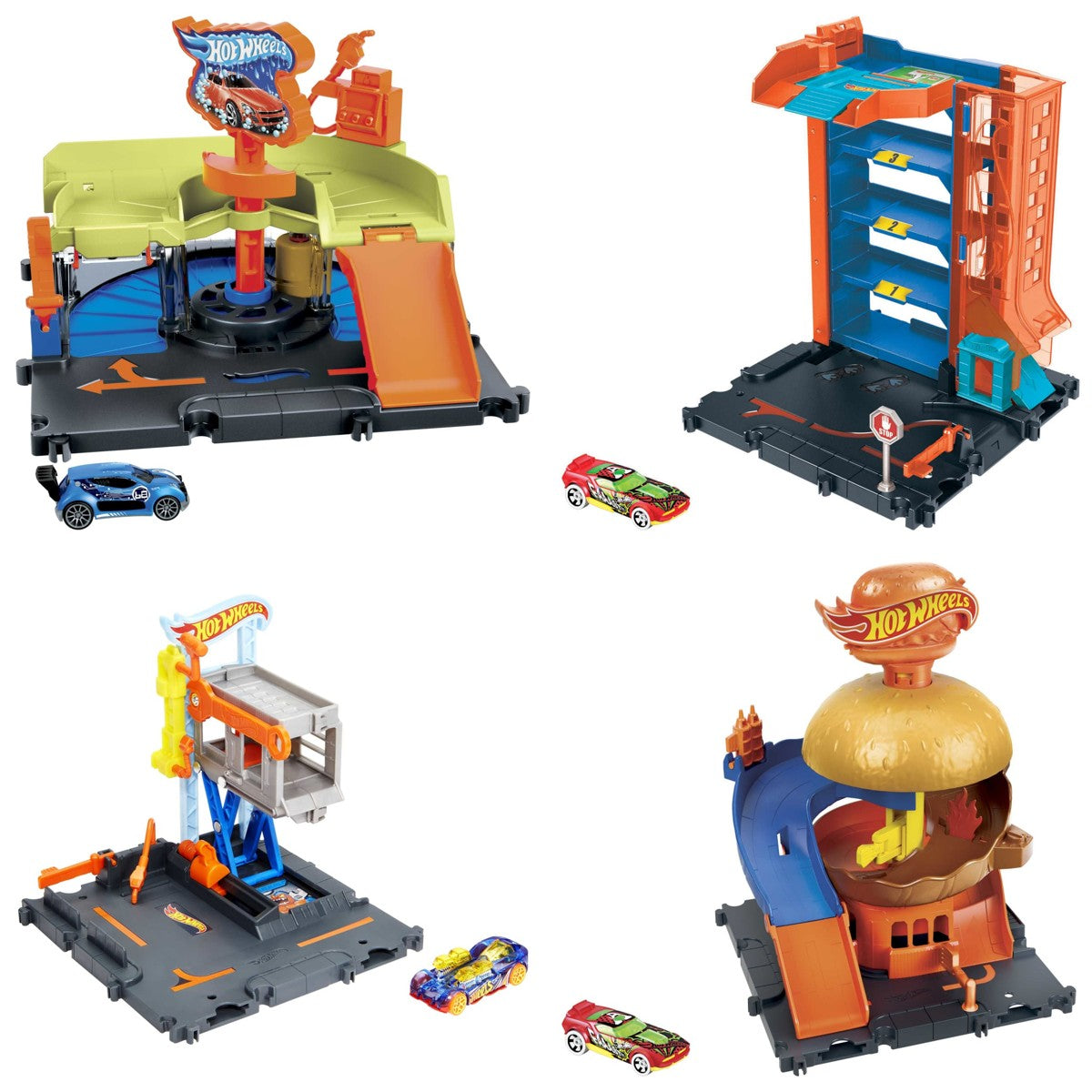 Los 4 sets Hot Wheels City Downtown armados, cada uno con su auto incluido