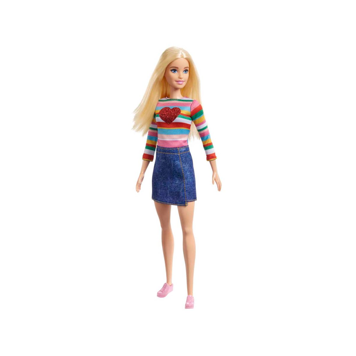 Muñeca Barbie Malibu de pie con polera arcoíris y falda de mezclilla