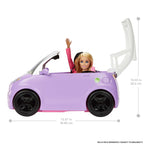 Auto Barbie convertible con techo abierto y una muñeca Barbie sentada, con medidas
