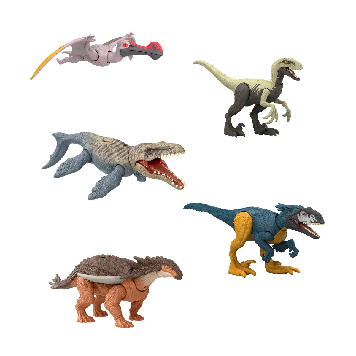Otros modelos del surtido Manada Peligrosa: pterosaurio, raptor, mosasaurio y anquilosaurio