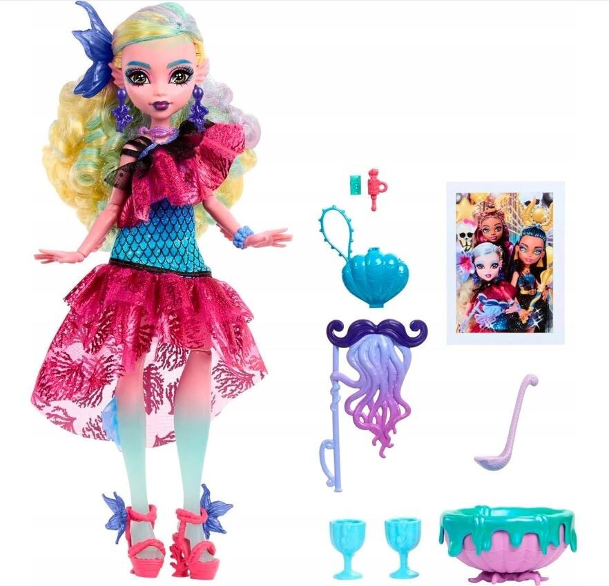 Lagoona Blue Monster Ball con todos sus accesorios: antifaz, cartera, ponchera, copas y foto