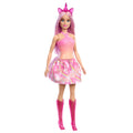 Barbie Unicornio de cuerpo entero con falda rosada, cintillo con cuerno y botas rosadas