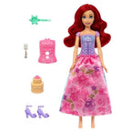 Muñeca Ariel Spin & Reveal con vestido floral, zapatos, top, pastel, tenedor y accesorio para el pelo