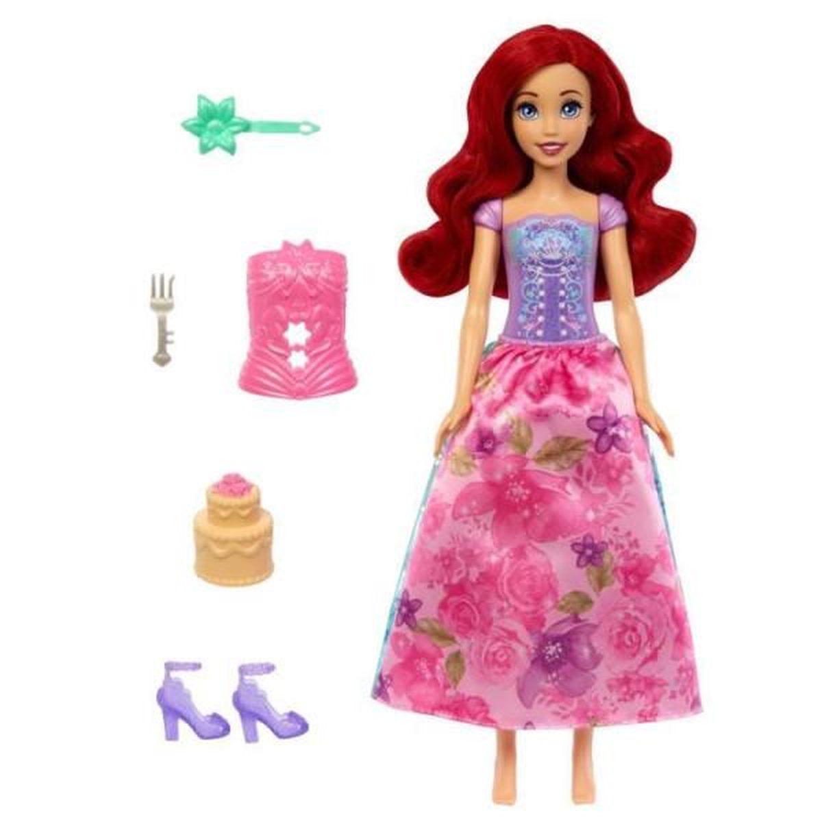 Muñeca Ariel Spin & Reveal con vestido floral, zapatos, top, pastel, tenedor y accesorio para el pelo