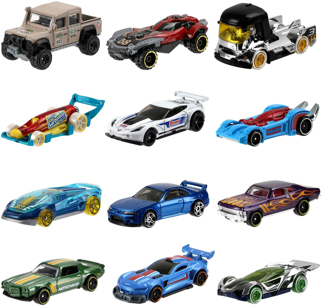 Lineup de 12 autos Hot Wheels básicos escala 1:64, ejemplo de modelos del surtido