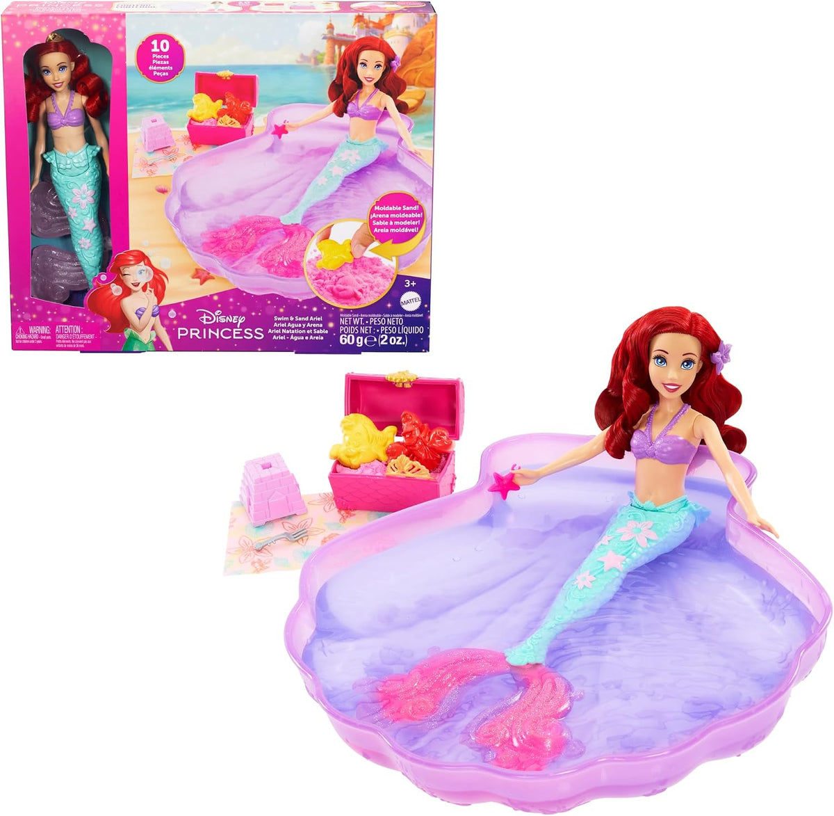 Muñeca Ariel en su piscina de concha junto a la caja Disney Princess