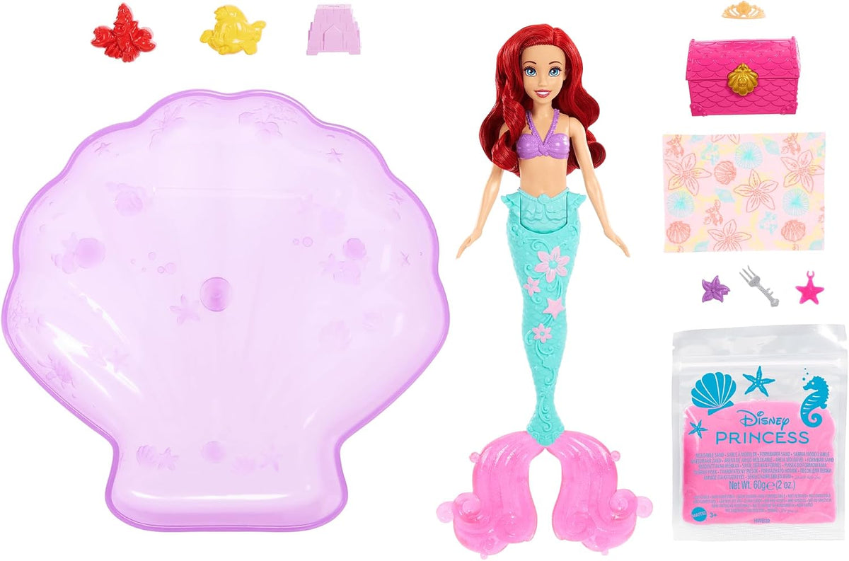 Contenido del set: muñeca Ariel, piscina de concha, arena rosada y accesorios