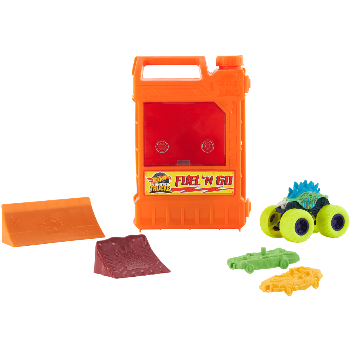 Set Hot Wheels Monster Trucks Fuel N' Go naranjo con Motosaurus, rampas y 2 autos aplastables