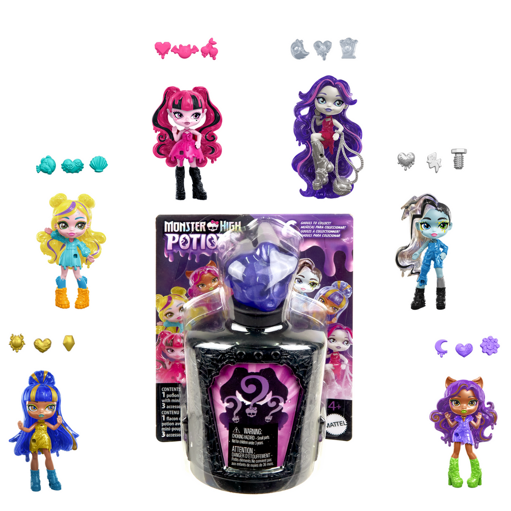 Frasco Monster High Pociones en su empaque junto a las mini muñecas que pueden salir