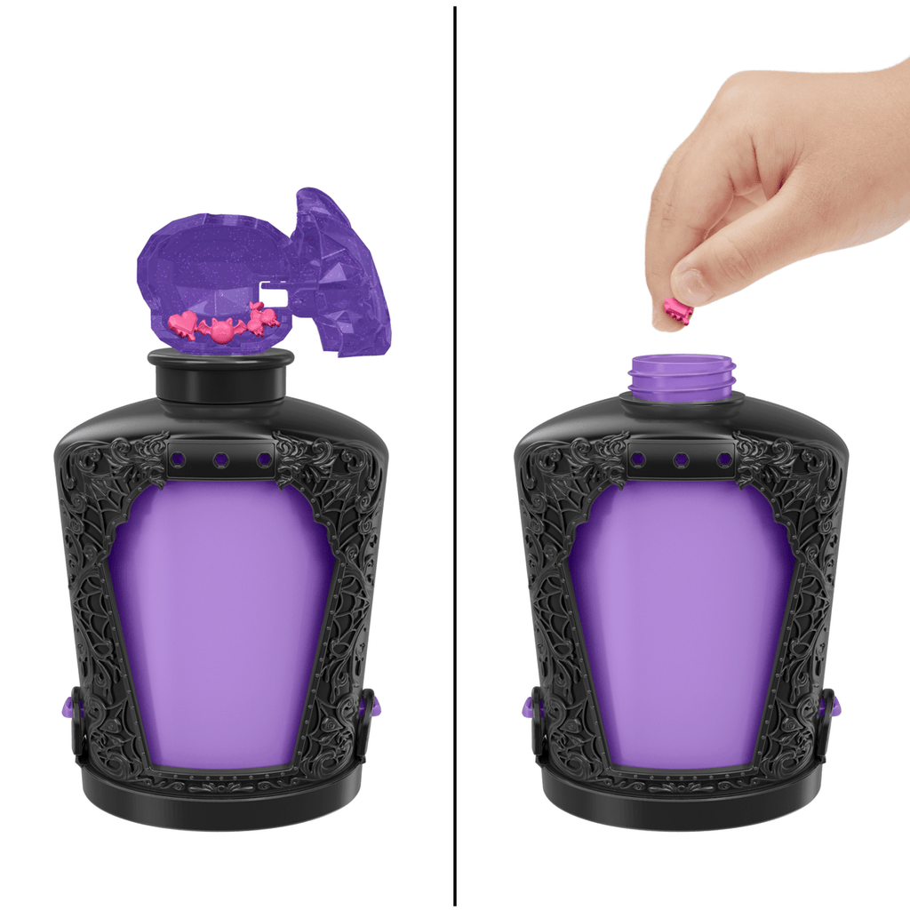 Frasco de poción Monster High morado con tapa abierta y amuletos
