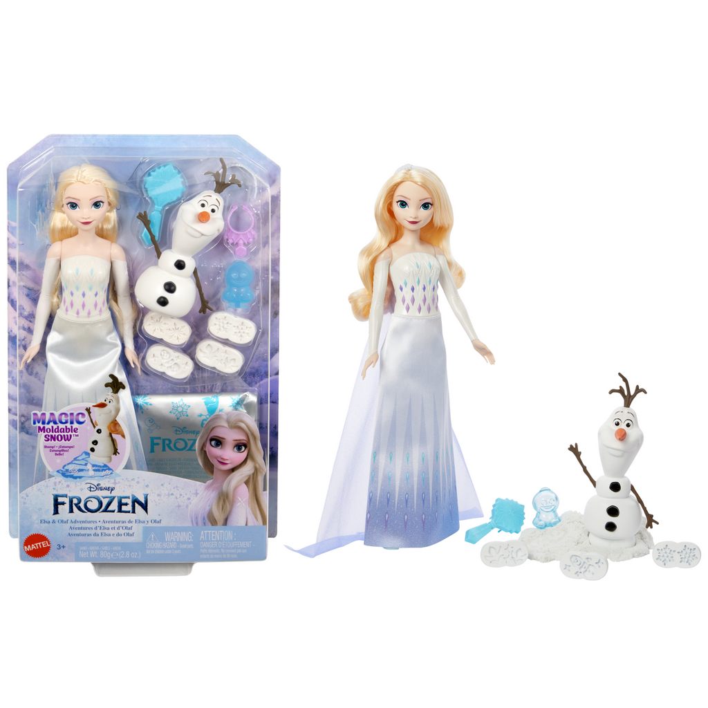 Muñeca Elsa y figura Olaf en su caja junto al set armado con arena