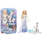 Muñeca Elsa y figura Olaf en su caja junto al set armado con arena