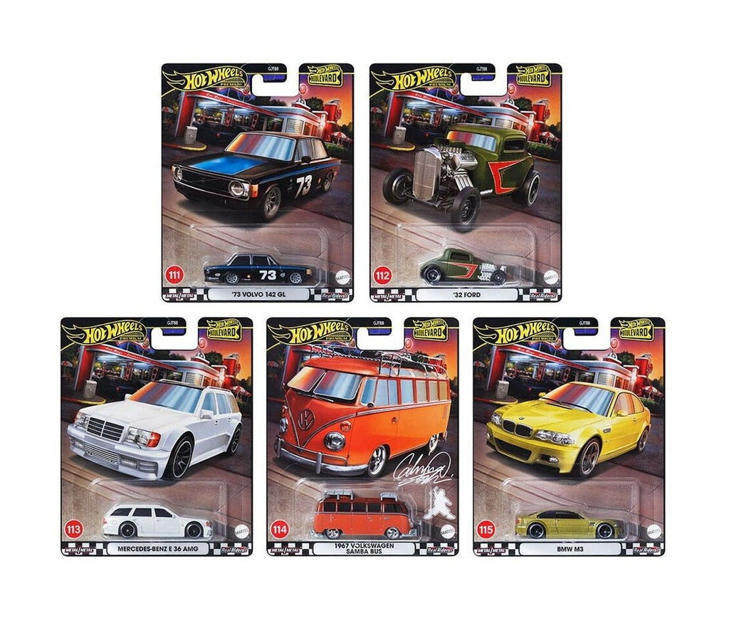 Cinco autos Hot Wheels Boulevard en blíster: Volvo, Ford 1932, Mercedes, furgoneta Volkswagen y BMW M3