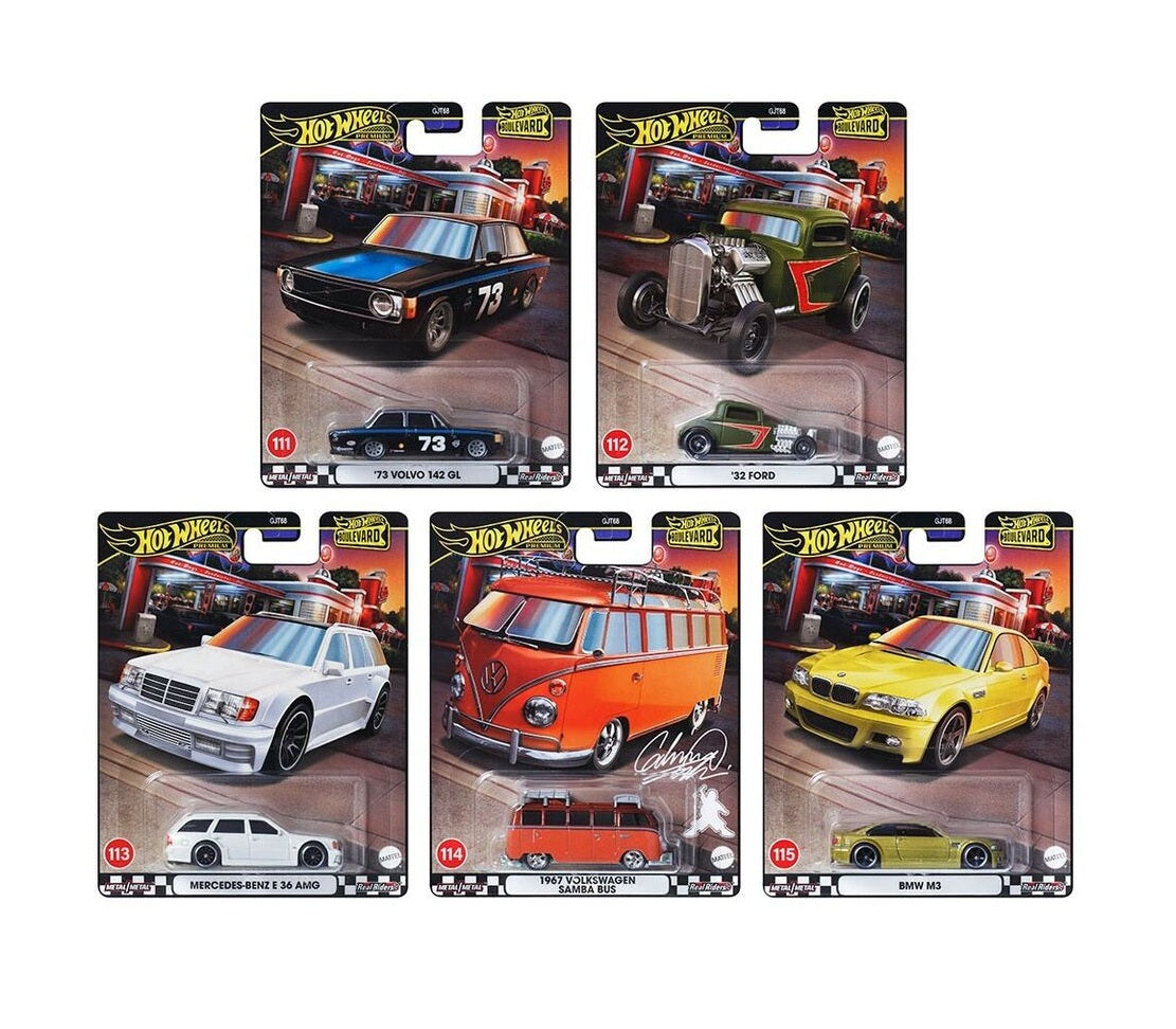 Cinco autos Hot Wheels Boulevard en blíster: Volvo, Ford 1932, Mercedes, furgoneta Volkswagen y BMW M3