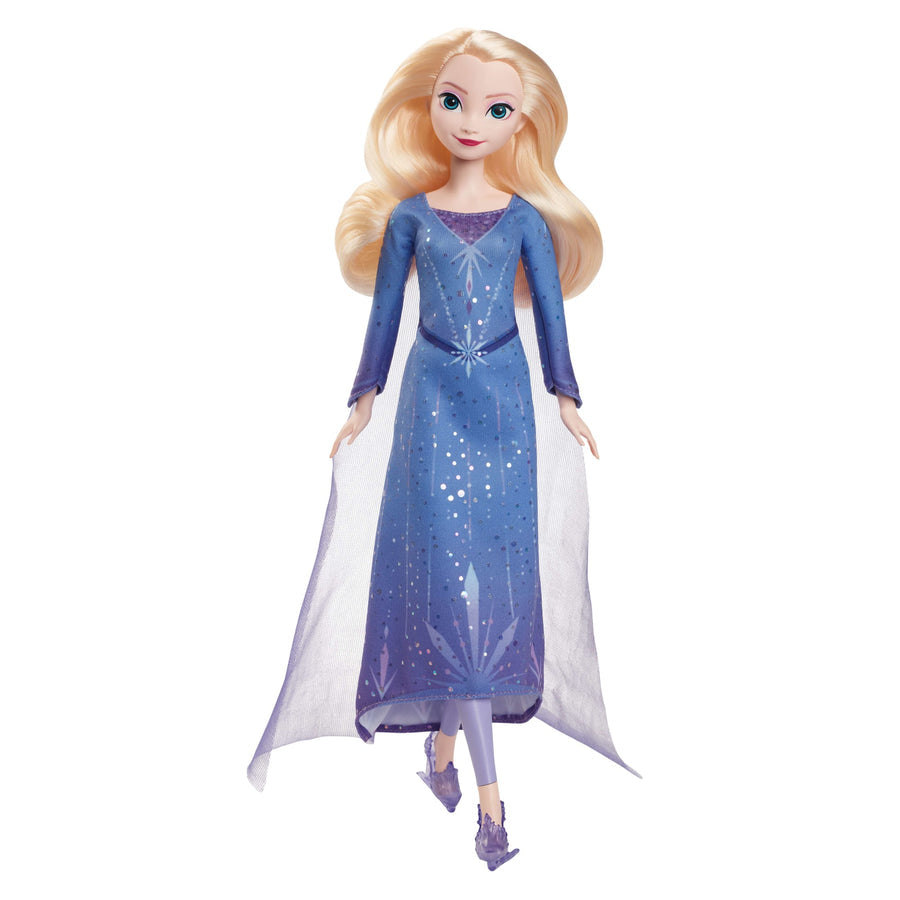 Muñeca Elsa de Frozen con vestido azul brillante, capa transparente y patines de hielo, vista frontal