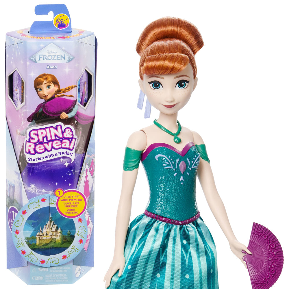 Muñeca Anna Spin & Reveal de Disney Frozen junto a su caja con abanico morado