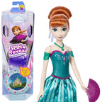 Muñeca Anna Spin & Reveal de Disney Frozen junto a su caja con abanico morado