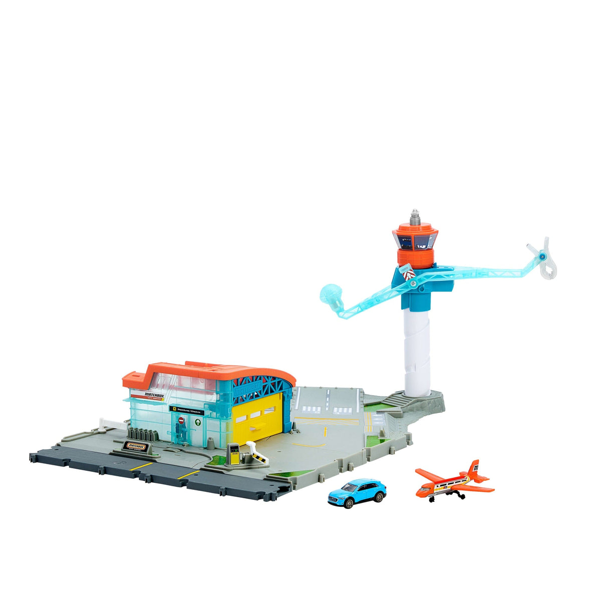 Set aeropuerto Matchbox con torre de control, hangar, avión naranjo y auto Audi e-tron celeste
