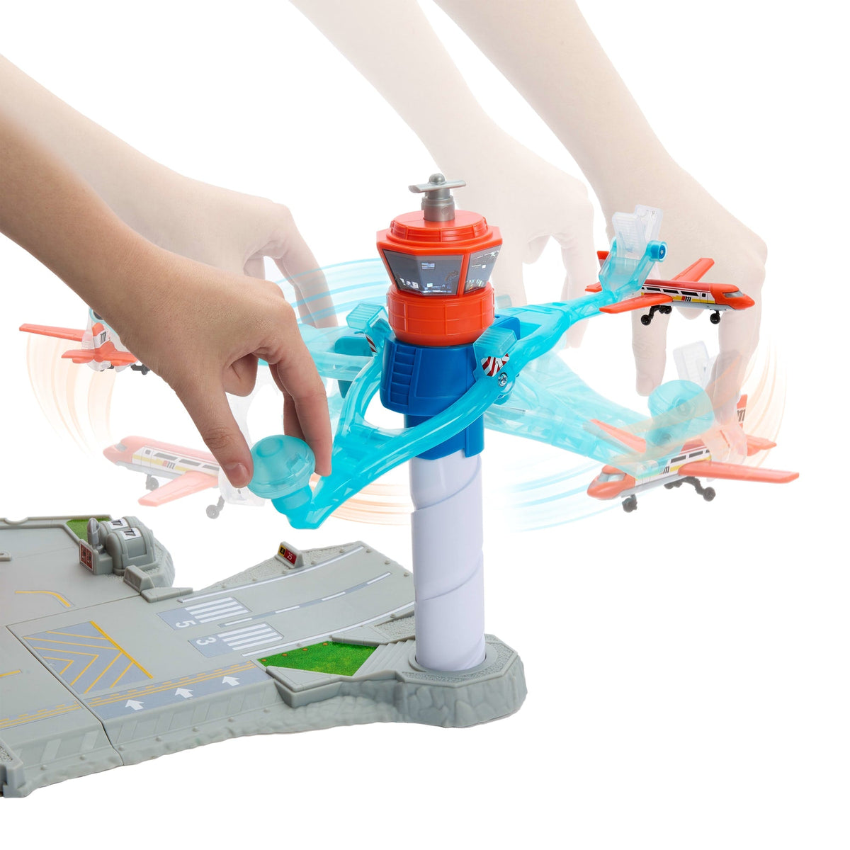 Avión del set Matchbox girando alrededor de la torre de control al despegar