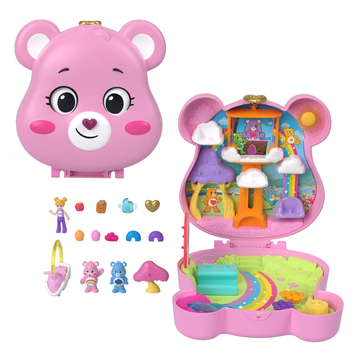Estuche Polly Pocket Ositos Cariñositos rosado abierto con muñecas y accesorios