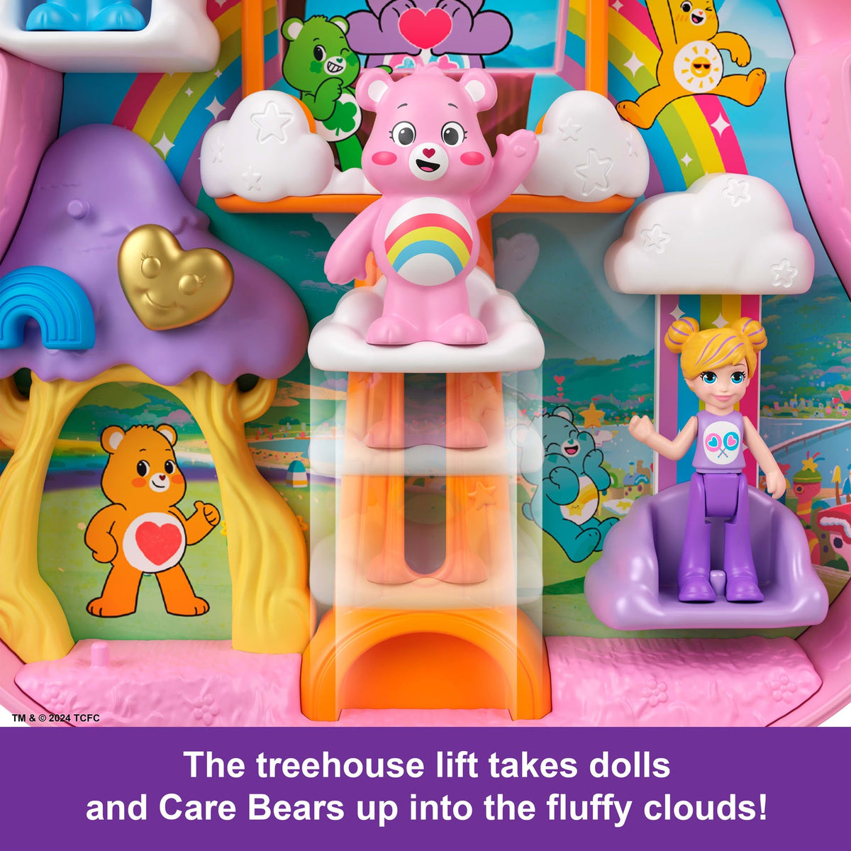 Ascensor de la casa del árbol con Osito Cariñosito y Polly en la silla de nube