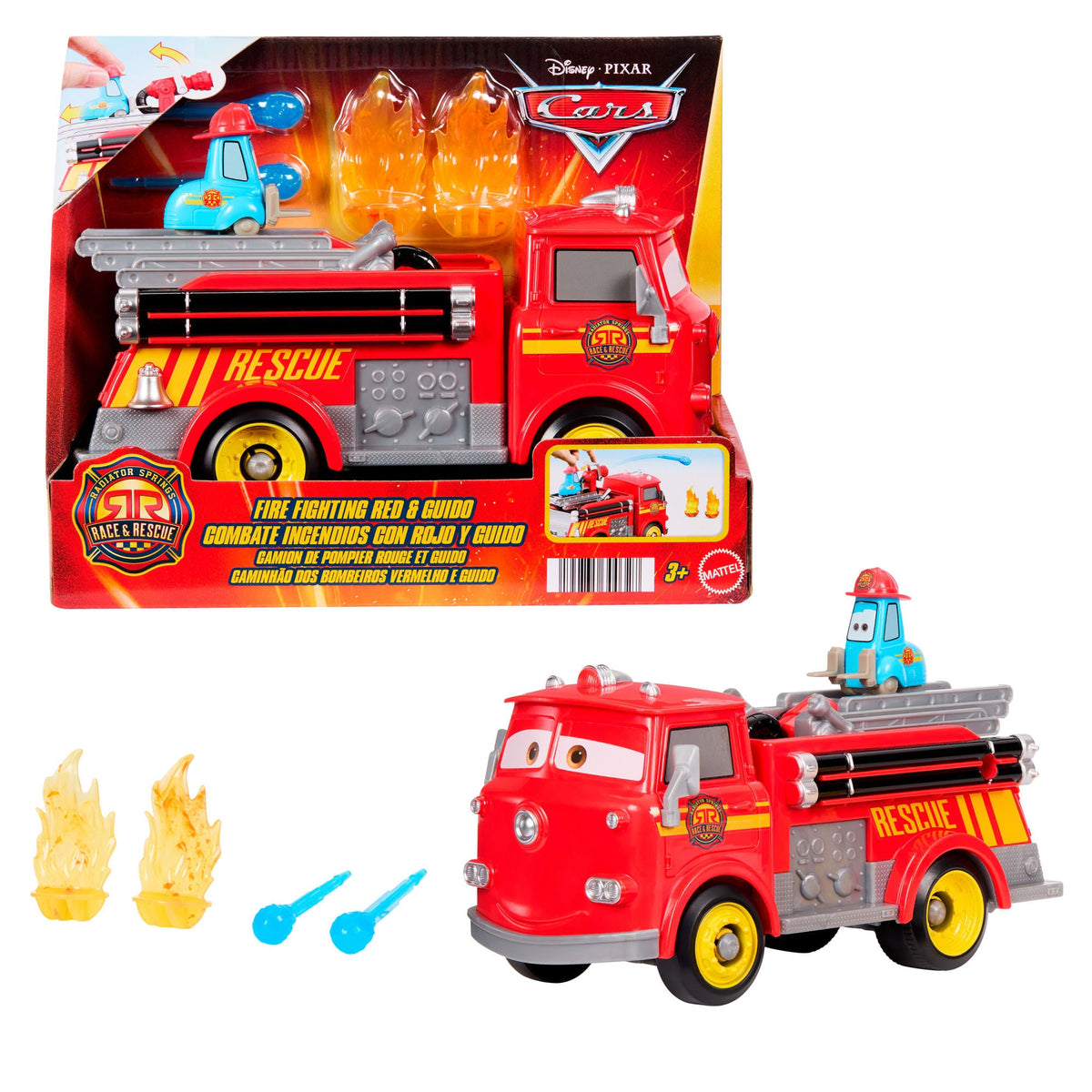 Caja y camión de bomberos Rojo con Guido de Cars, blancos de fuego y proyectiles de agua
