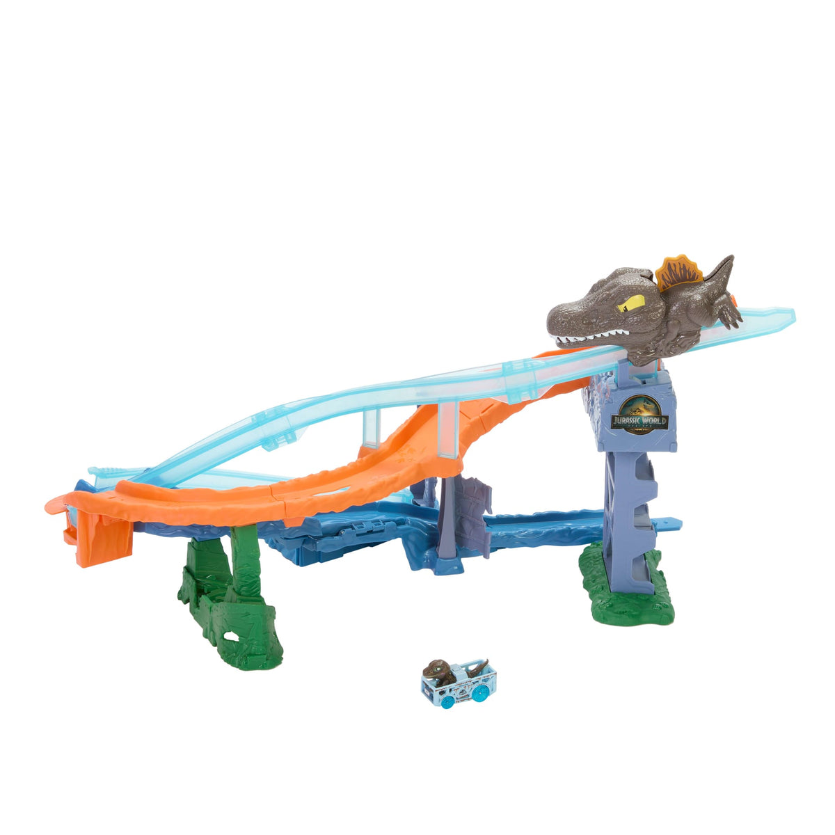 Pista Hot Wheels RacerVerse Jurassic World Crash & Splash armada con Spinosaurus y auto Velociraptor