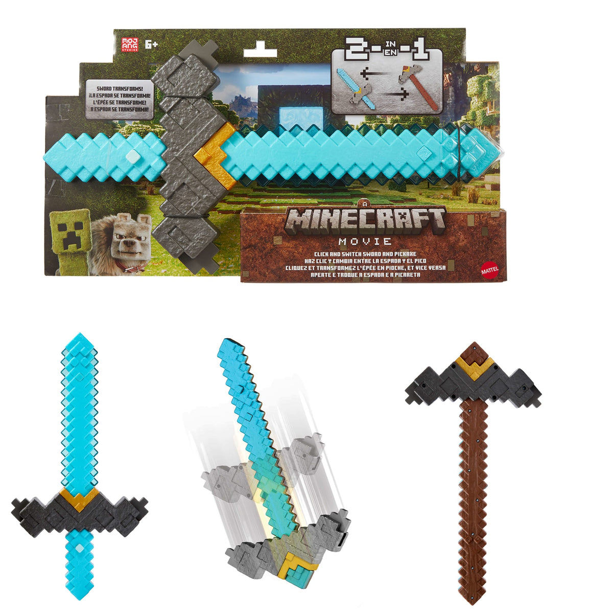 Empaque de la espada Minecraft Click and Switch junto a la espada y el pico