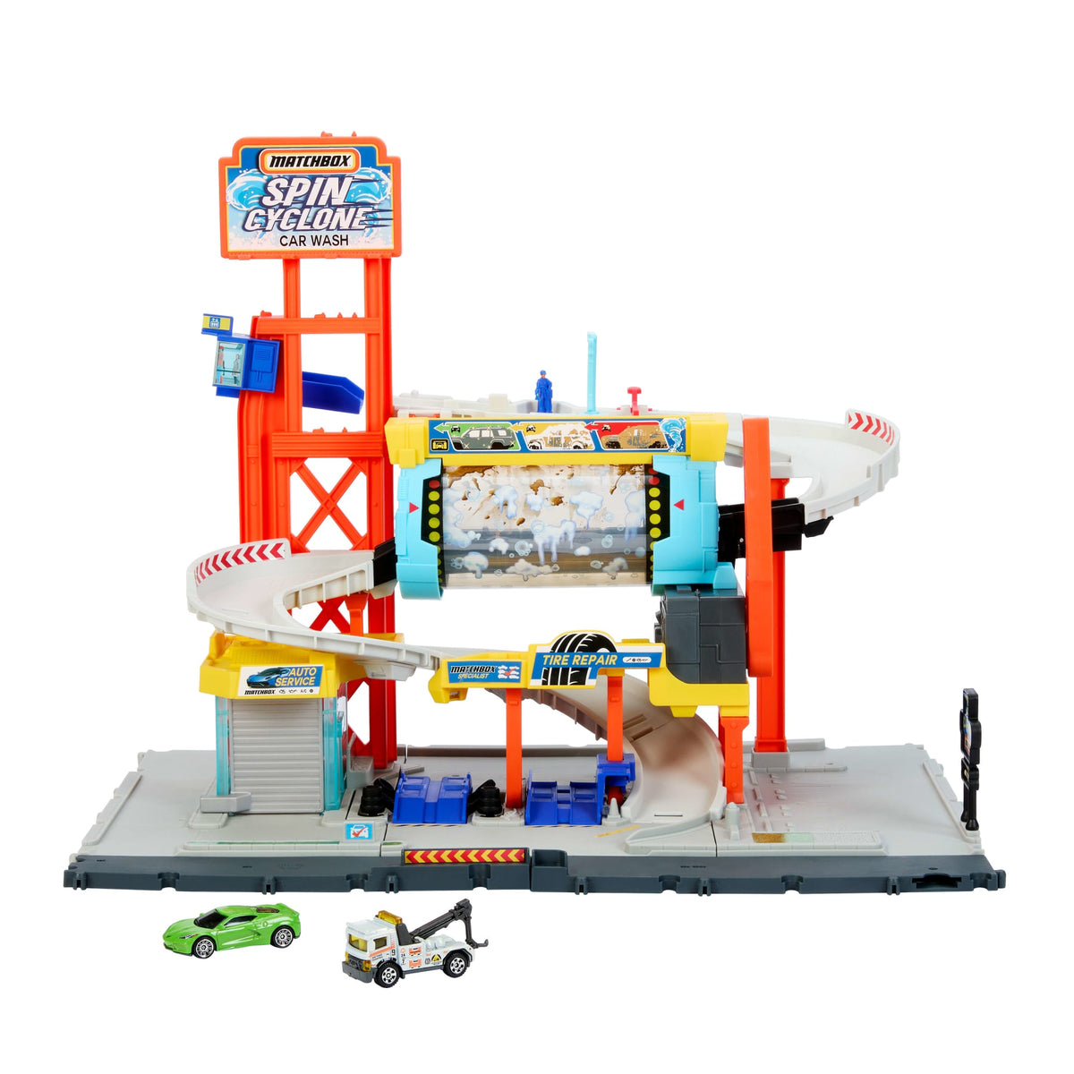 Set Matchbox Súper Auto Center armado con túnel de lavado giratorio, Corvette verde y grúa