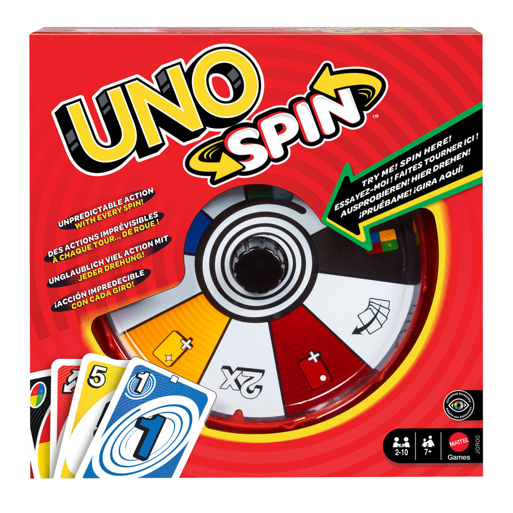 Caja del juego UNO Spin de Mattel con la ruleta a la vista
