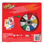 Reverso de la caja UNO Spin con la ruleta de acciones y el contenido