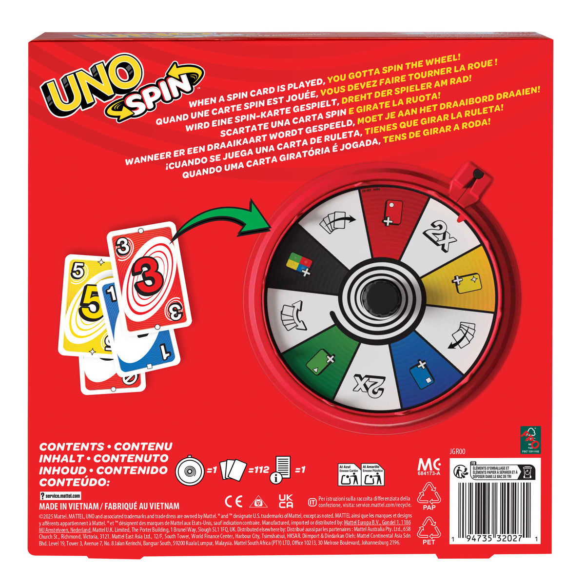 Reverso de la caja UNO Spin con la ruleta de acciones y el contenido