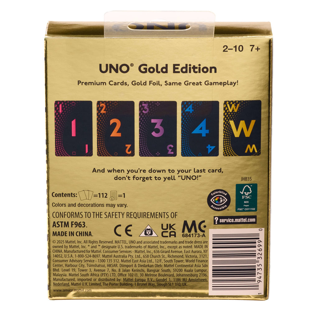 Reverso de la caja UNO Gold Edition con contenido de 112 cartas, 2 a 10 jugadores