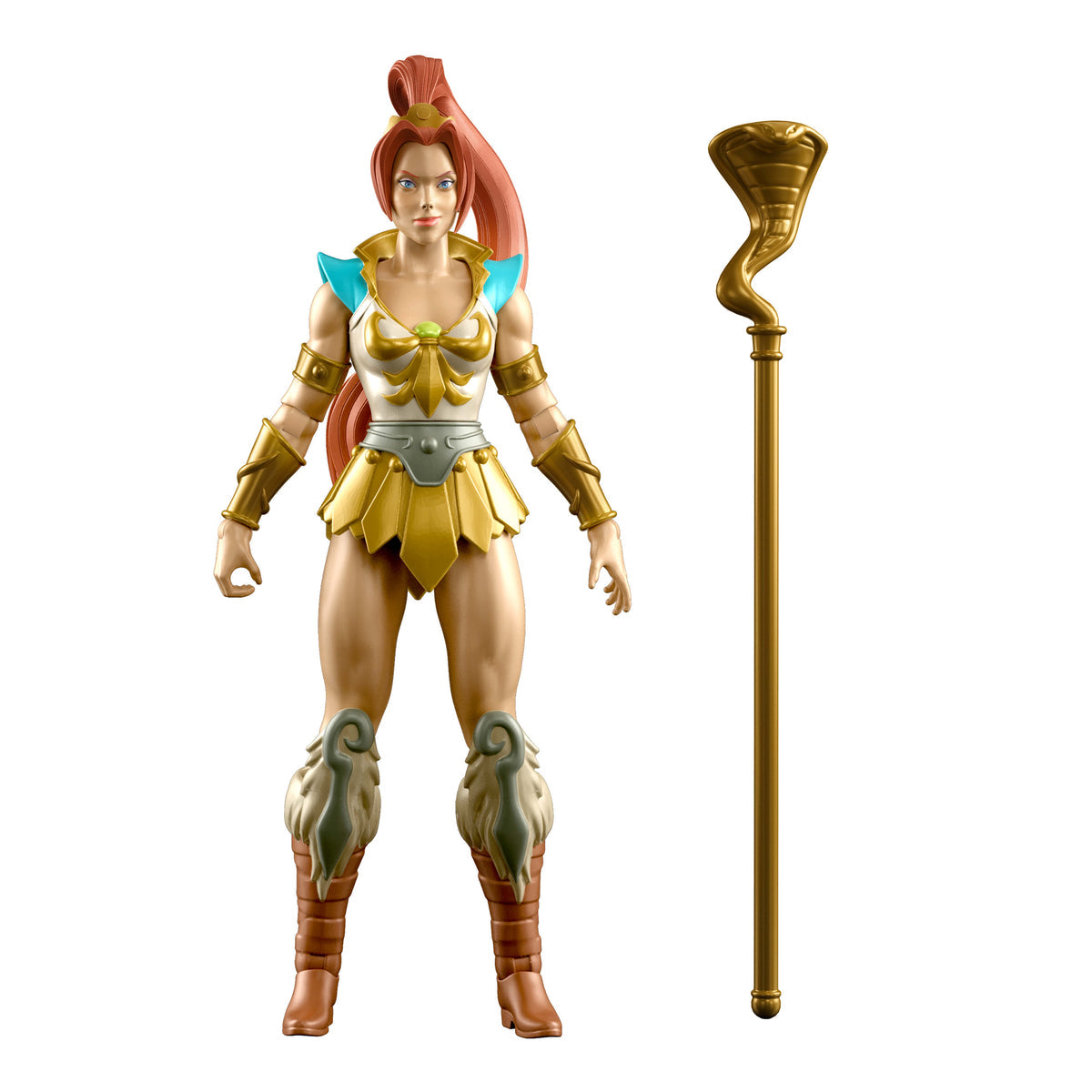 Figura Teela de Masters of the Universe Origins de frente junto a su báculo dorado