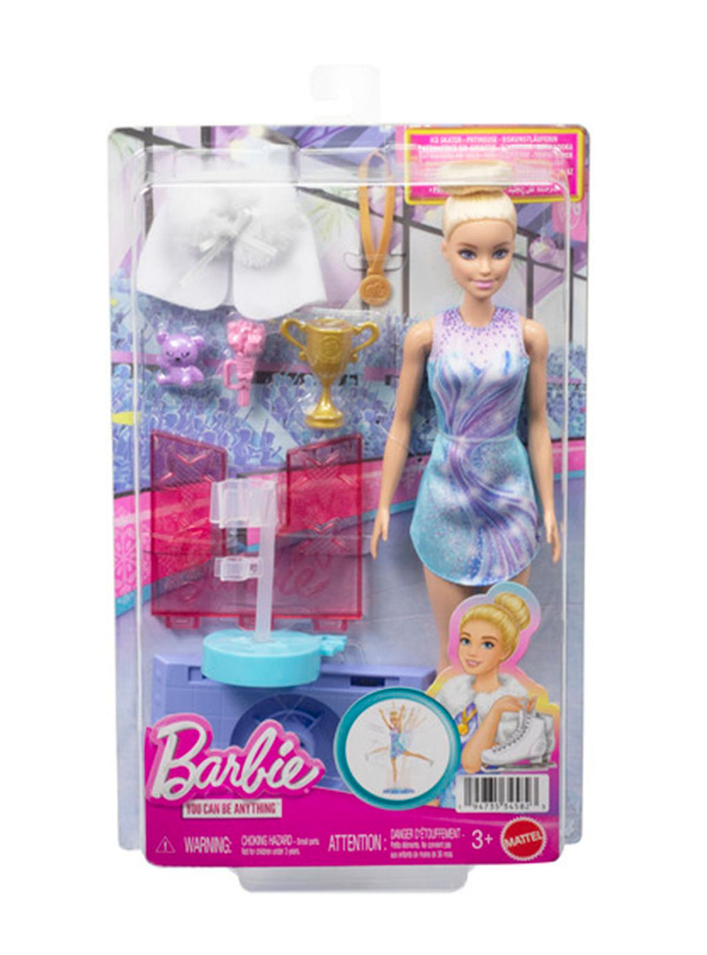 Empaque de Barbie patinadora sobre hielo con muñeca, trofeo y accesorios